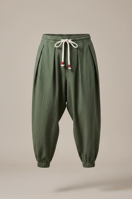 Pantalon Japonais Harem Vert Coton Lin Ample - Kaki - vue 3