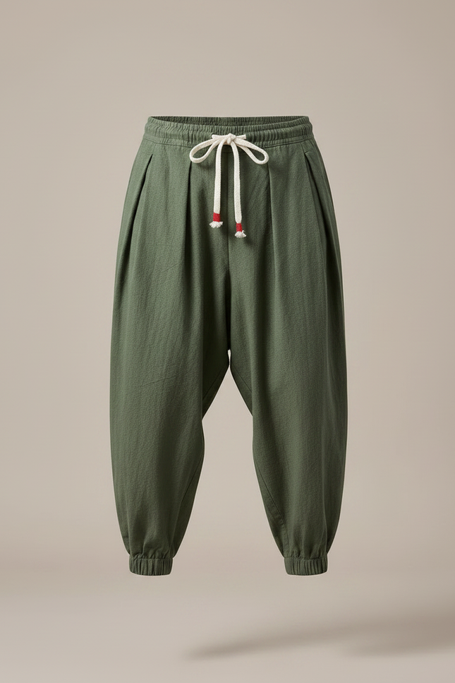 Pantalon Japonais Harem Vert Coton Lin Ample - Kaki - vue 3
