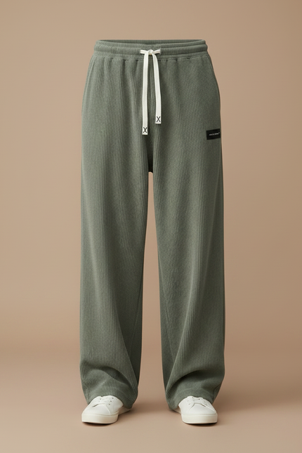Pantalon Japonais Vert Côtelé Ample Cordon Décontracté - Kaki Cordé - vue 3