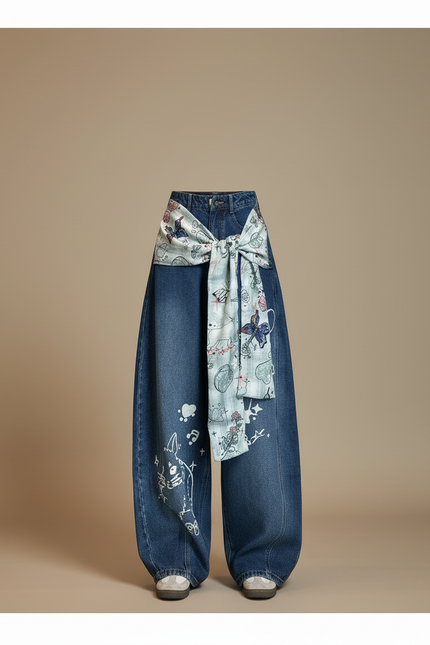Pantalon Japonais Denim Baggy Brodé Ample Décontracté - Bleu Jean - vue 3