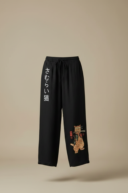Pantalon Japonais Noir Ample Chat Samurai Coton - Lin - vue 3