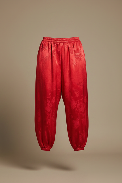 Pantalon Japonais Rouge Soie Dragon Harem Fluide - vue 3