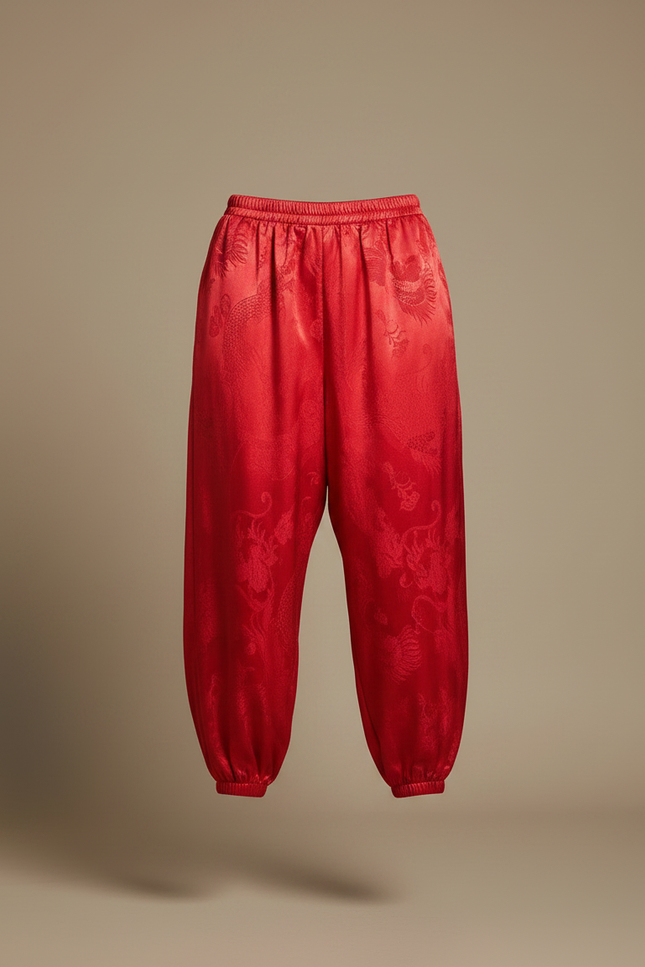 Pantalon Japonais Rouge Soie Dragon Harem Fluide - vue 3