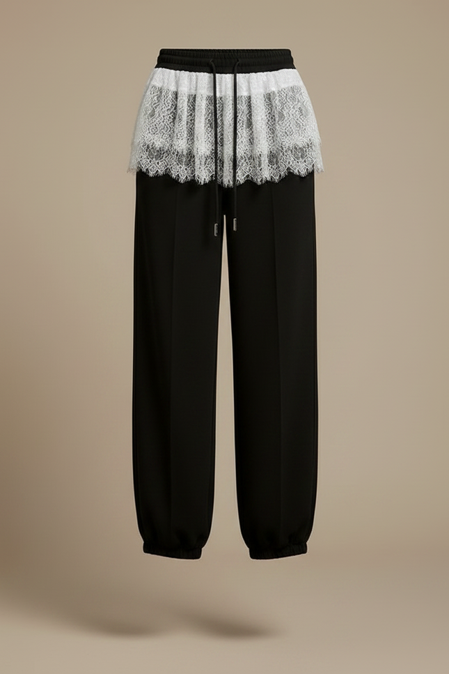 Pantalon Japonais Noir Fluide Dentelle Taille Haute - Viscose - vue 3