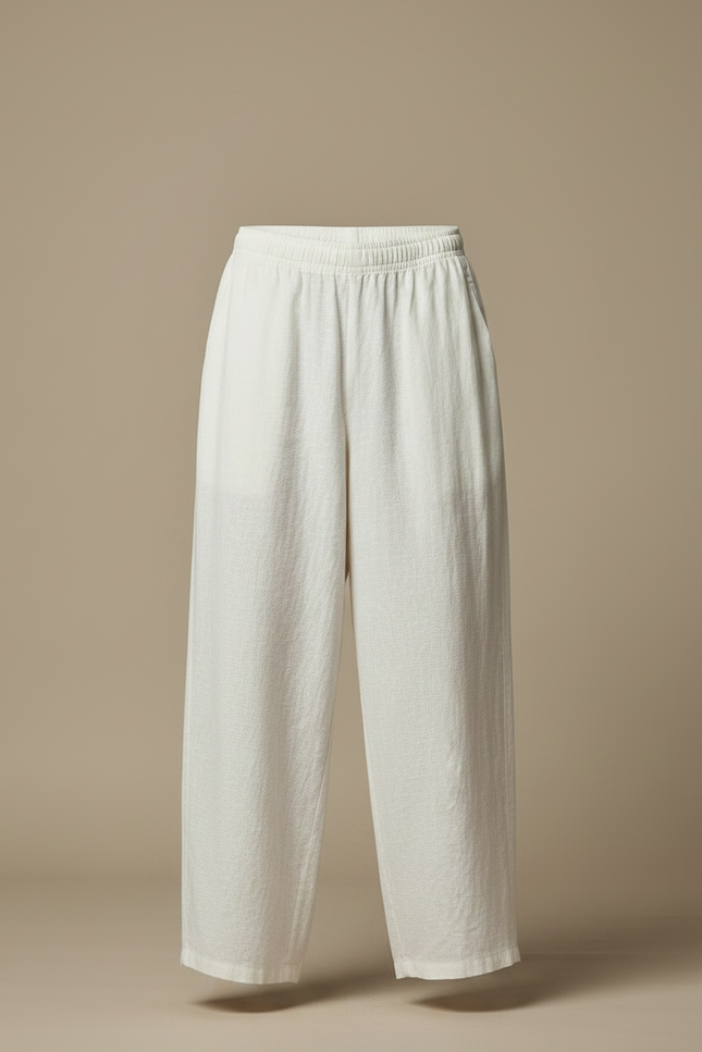 Pantalon Japonais Crème Ample Lin Décontracté Cordon - Beige - vue 3