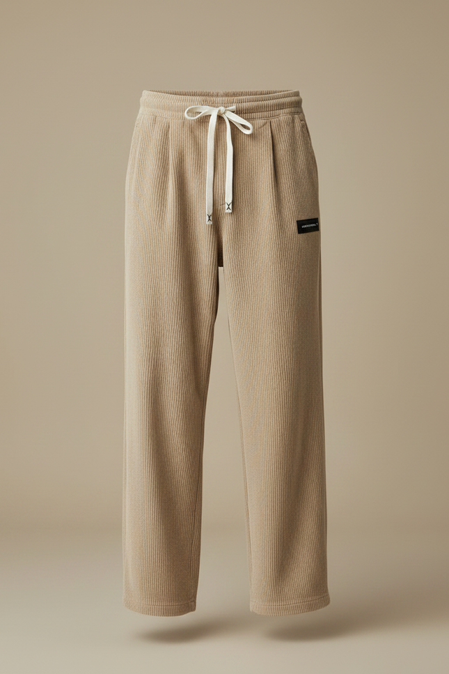Pantalon Japonais Beige Côtelé Ample Cordon Décontracté - Cordé - vue 3