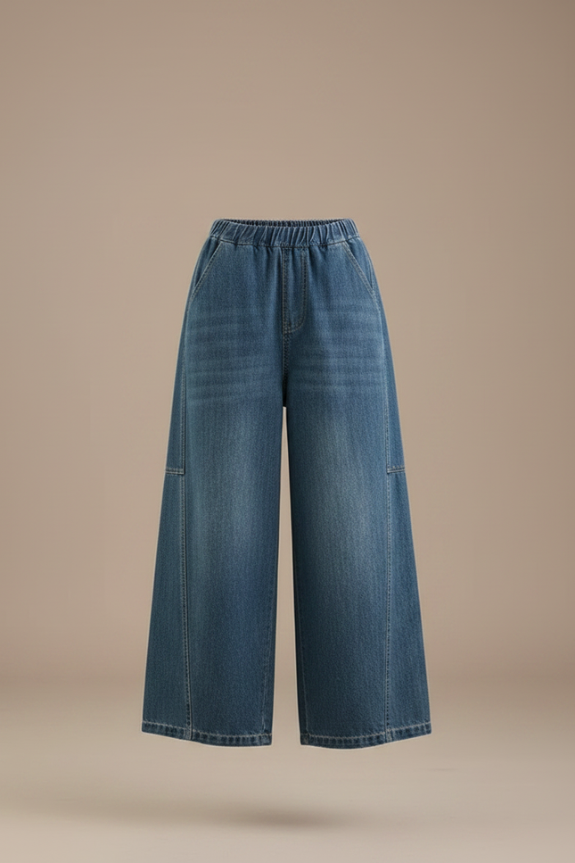 Pantalon Japonais Denim Ample Taille Haute Décontracté - Bleu Jean - vue 3