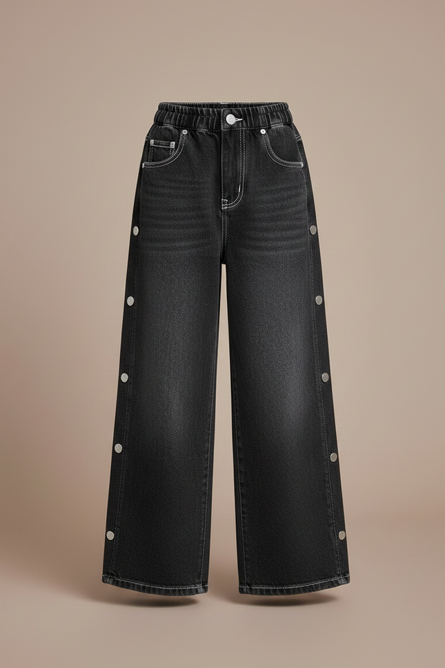 Pantalon Japonais Noir Large Boutons Fille Décontracté - Gris Jean - vue 3
