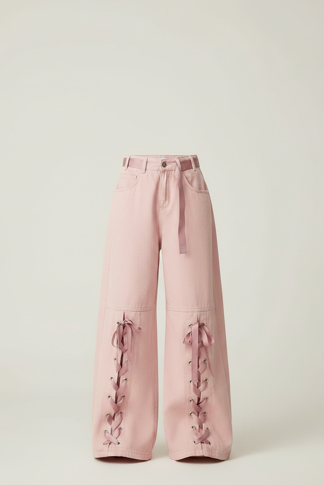 Pantalon Japonais Rose Ample Lacets Fille Décontracté - Jean - vue 3