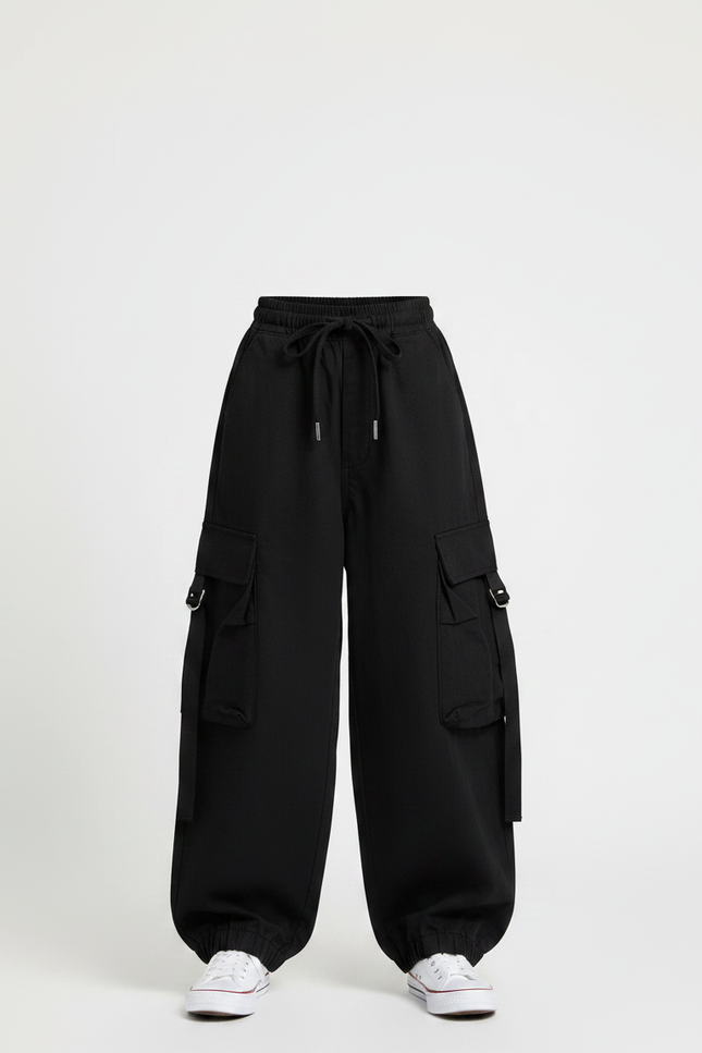 Pantalon Japonais Noir Cargo Ample Fille - Toile - vue 3