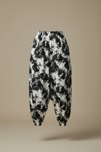Pantalon Japonais Sarouel Ample Imprimé Abstrait Noir Blanc - Viscose - vue 3