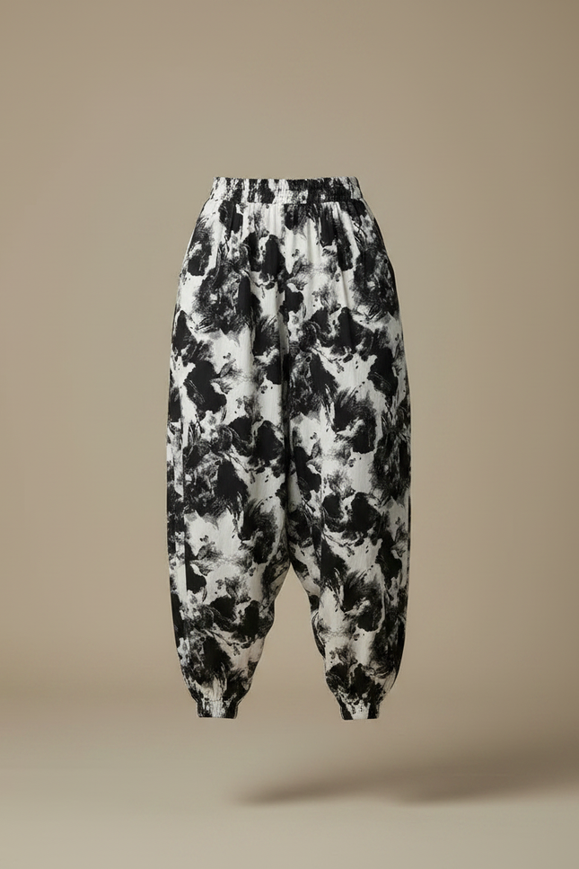 Pantalon Japonais Sarouel Ample Imprimé Abstrait Noir Blanc - Viscose - vue 3