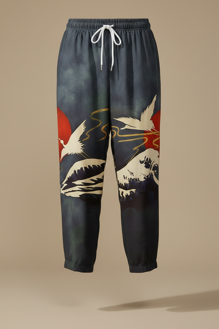 Pantalon Japonais Ample Bleu Grue Rouge Vagues - Viscose - vue 3