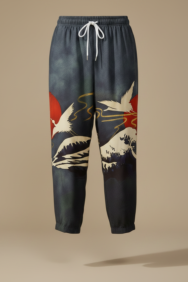 Pantalon Japonais Ample Bleu Grue Rouge Vagues - Viscose - vue 3