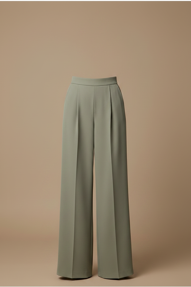 Pantalon Japonais Vert Ample Fluide Taille Haute Élégant - Kaki Polyester - vue 3