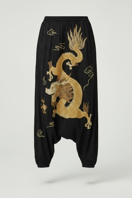 Pantalon Japonais Noir Dragon Brodé Harem Satin Fluide - vue 3