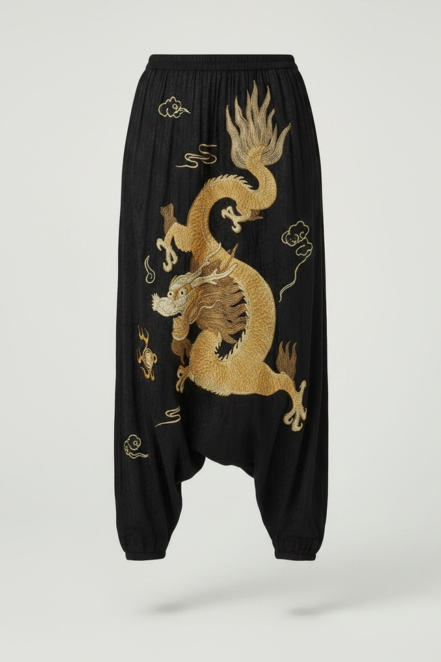 Pantalon Japonais Noir Dragon Brodé Harem Satin Fluide - vue 3