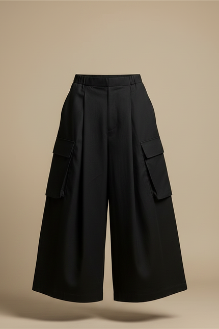 Pantalon Japonais Noir Cargo Ample Plissé Moderne - Gabardine - vue 3