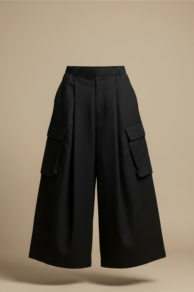 Pantalon Japonais Noir Cargo Ample Plissé Moderne - Gabardine - vue 3