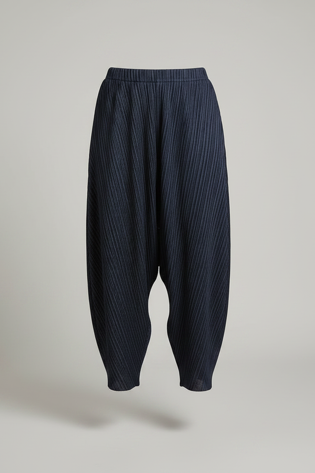Pantalon Japonais Plissé Bleu Marine Ample Décontracté - Polyester - vue 3