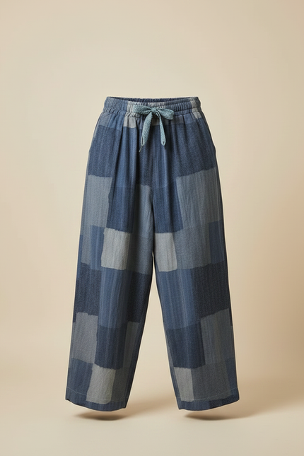 Pantalon Japonais Patchwork Ample Coton Lin Décontracté - Bleu - vue 3