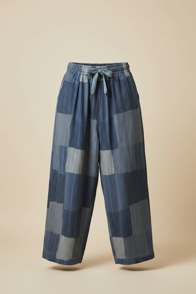 Pantalon Japonais Patchwork Ample Coton Lin Décontracté - Bleu - vue 3