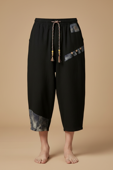 Pantalon Japonais Noir Coton Lin Ample Patchwork - vue 3