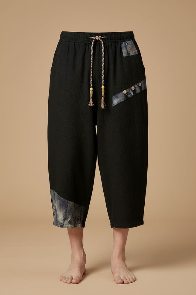 Pantalon Japonais Noir Coton Lin Ample Patchwork - vue 3