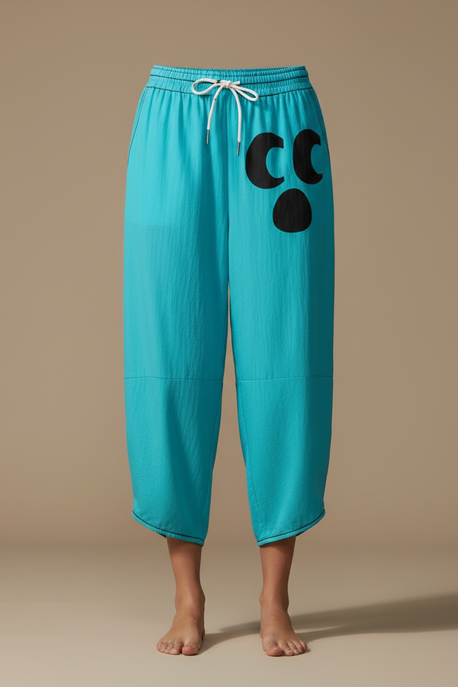 Pantalon Japonais Turquoise Ample Décontracté Noir Imprimé - Bleu Lin - vue 3