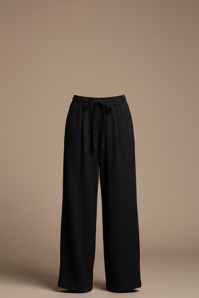 Pantalon Japonais Noir Fluide Ample Texturé Cordon - Viscose - vue 3