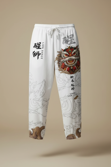 Pantalon Japonais Blanc Imprimé Lion Ample Cordon Homme - Lin - vue 3