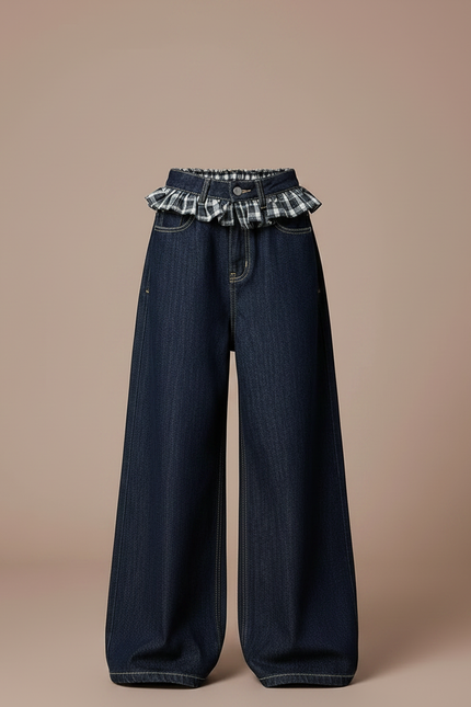Pantalon Japonais Denim Ample Plaid Fille Décontracté - Marine Jean - vue 3