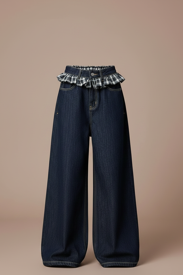 Pantalon Japonais Denim Ample Plaid Fille Décontracté - Marine Jean - vue 3