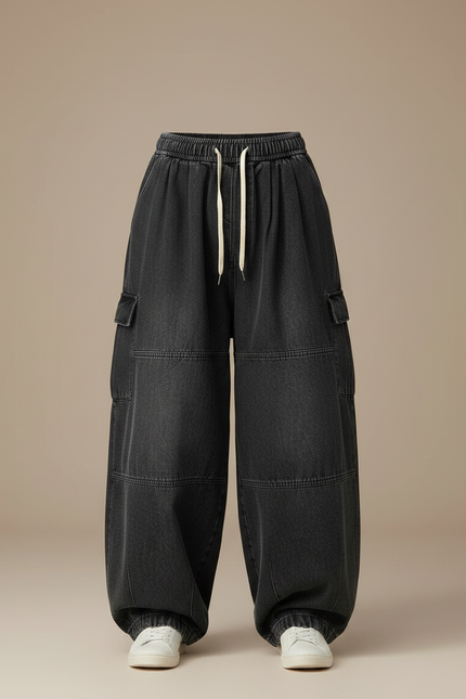 Pantalon Japonais Noir Cargo Ample Denim Cordon - Jean - vue 3
