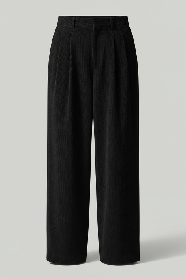 Pantalon Japonais Noir Côtelé Large Plissé Tapered Décontracté - Cordé - vue 3
