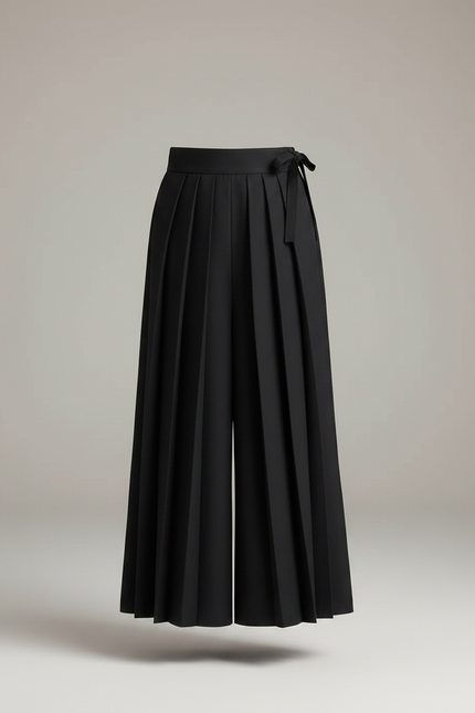 Pantalon Japonais Noir Plissé Ample Long Ceinturé - Polyester - vue 3