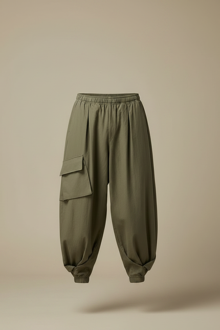 Pantalon Japonais Cargo Ample Vert Kaki Décontracté - Coton - vue 3