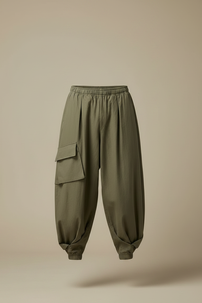 Pantalon Japonais Cargo Ample Vert Kaki Décontracté - Coton - vue 3