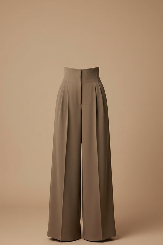 Pantalon Japonais Marron Ample Plissé Élégant Fluide - Kaki Polyester - vue 3