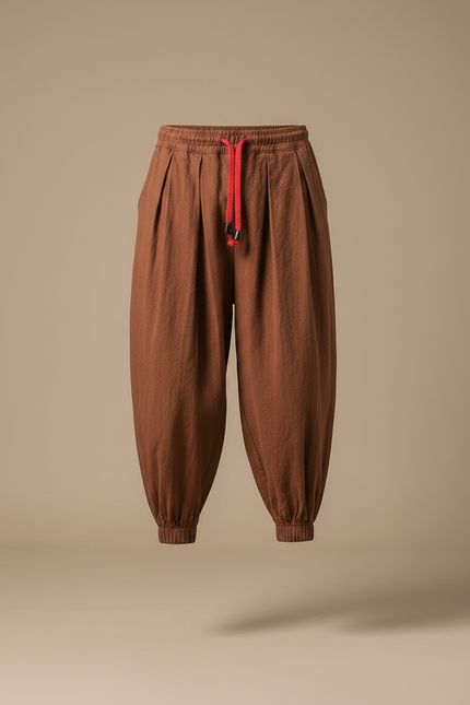Pantalon Japonais Harem Lin Marron Plissé Cordon Homme - vue 3