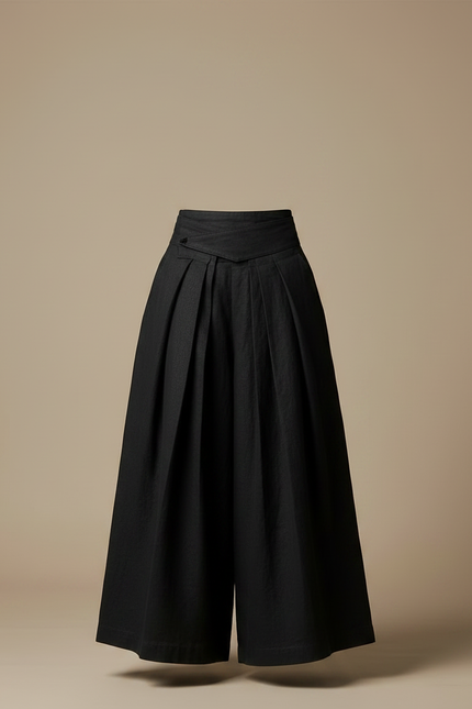Pantalon Japonais Noir Plissé Ample Taille Haute - Lin - vue 3