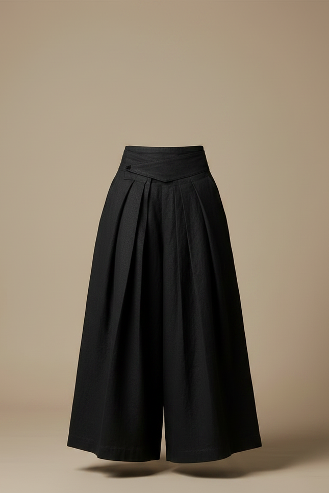 Pantalon Japonais Noir Plissé Ample Taille Haute - Lin - vue 3