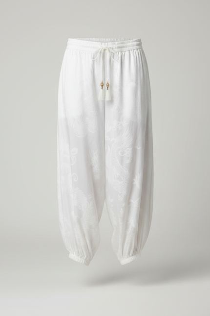 Pantalon Japonais Blanc Soie Dragon Harem Fluide - vue 3