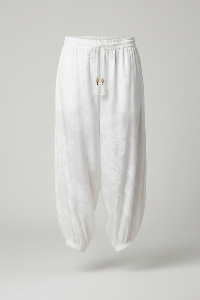 Pantalon Japonais Blanc Soie Dragon Harem Fluide - vue 3