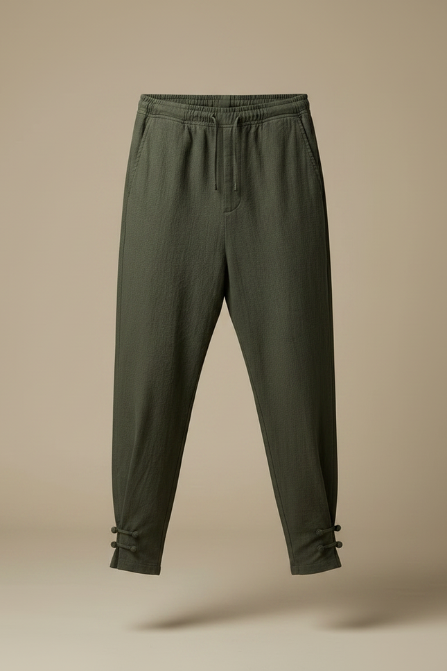 Pantalon Japonais Vert Kaki Lin Ample Boutons - vue 3