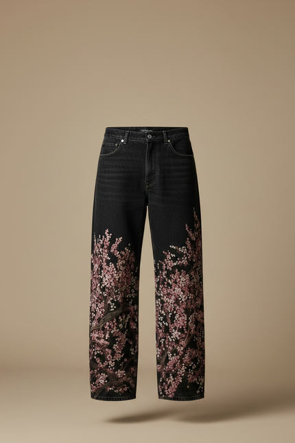 Pantalon Japonais Noir Brodé Ample Décontracté Homme - Jean - vue 3