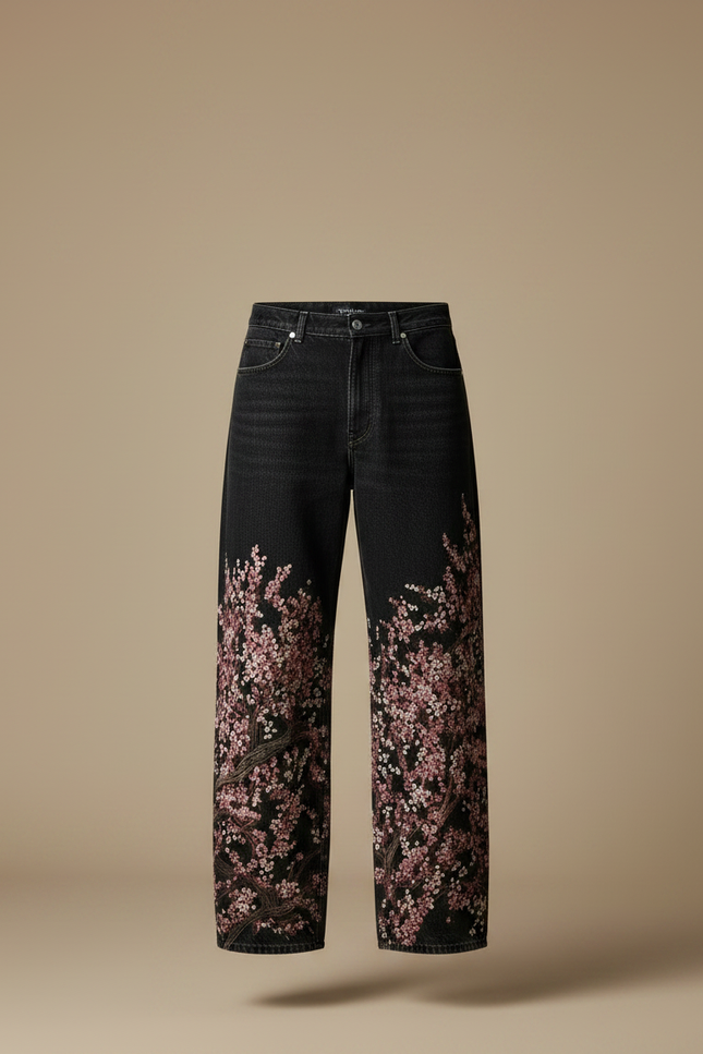 Pantalon Japonais Noir Brodé Ample Décontracté Homme - Jean - vue 3
