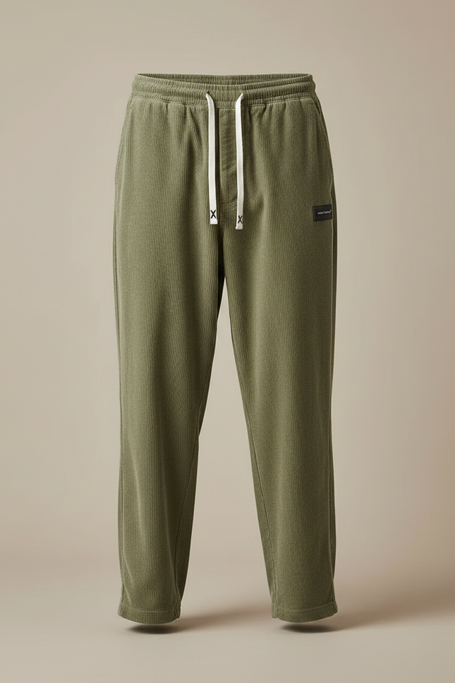 Pantalon Japonais Vert Côtelé Ample Décontracté Homme - Kaki Cordé - vue 3
