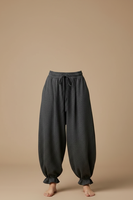 Pantalon Japonais Gris Ample Volants Cordon Décontracté - Molleton - vue 3