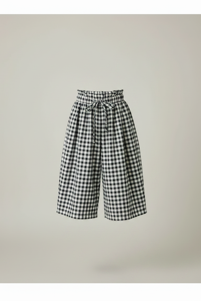 Pantalon Japonais Carreaux Ample Fluide Taille Haute Fille - Imprimé Coton - vue 3